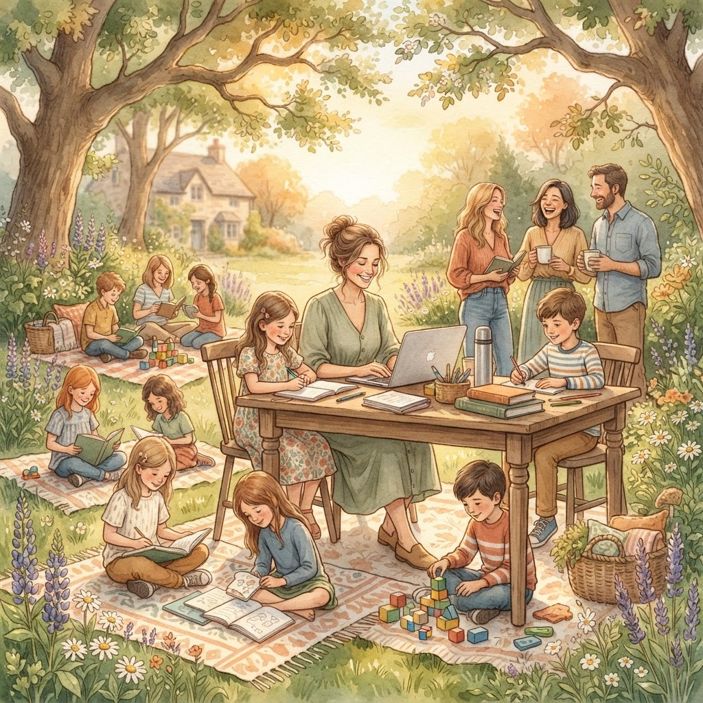 Homeschool families learning together outdoors